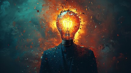 Fototapete - male figure depicted light bulb head made shattered glass and vivid colors representing multifaceted concepts.