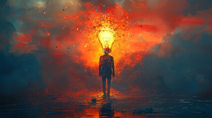 Aufkleber - silhouette man embodies light bulb made shattered glass pieces. Vibrant colors and abstract forms create energetic atmosphere symbolizing innovative thoughts.