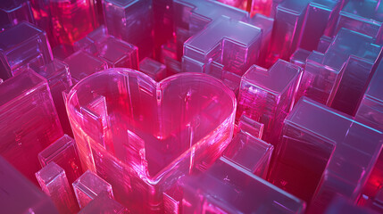Poster - A vibrant, futuristic cityscape rendered in glowing glass blocks. A large, translucent heart shape is prominently featured, pulsating with neon pink and blue light
