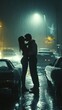© Andrii Savchuk - Silhouette of a couple kissing under streetlights in the rain