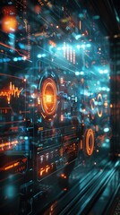 Poster - Futuristic digital interface with glowing displays and data streams.
