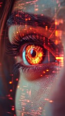 Poster - A close-up of a human eye features a glowing orange iris surrounded by digital patterns and data, showcasing a blend of technology and humanity