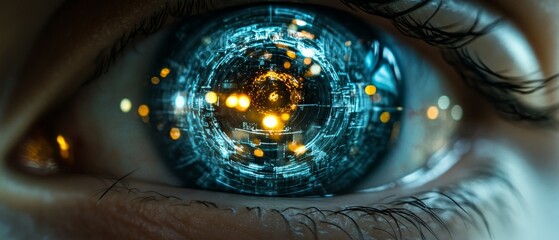 Poster - Close-up view of an eye featuring intricate digital circuits and glowing lights, symbolizing the fusion of technology and human sight in a modern context