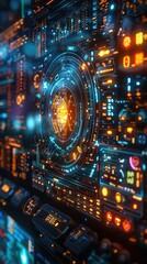 Poster - Futuristic digital interface with glowing elements and central display.