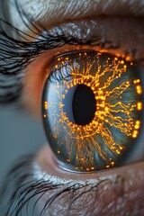 Poster - A close-up view reveals a striking human eye featuring vibrant orange patterns that emulate technological circuits, emphasizing digital innovation and artistry