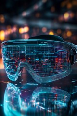 Poster - Advanced augmented reality glasses showcase a stunning digital interface, reflecting colorful lights and grid patterns in a high-tech urban environment after dark