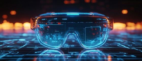Poster - Brightly glowing augmented reality glasses sit prominently against a high-tech digital interface, showcasing a blend of colors and modern technology