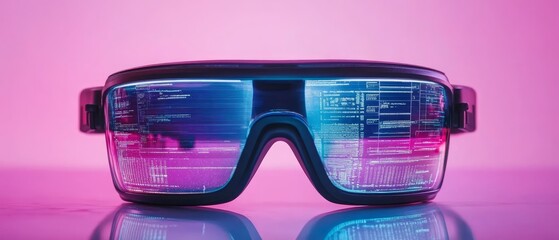 Poster - Smart glasses display holographic data in vivid colors, highlighting advanced technology in a modern setting with a captivating neon background