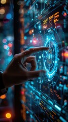 Poster - Hand interacting with a futuristic, glowing holographic interface.