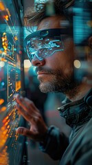 Poster - Man wearing futuristic glasses interacts with a digital interface at night.