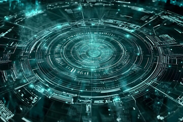 Poster - Abstract teal digital technology circular interface.