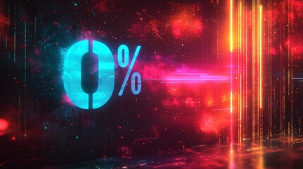 Fototapete - cyberpunk style illustration features discount symbol glowing electric blue hot pink and bright green colors. Set modern environment dynamic lighting enhances futuristic feel.