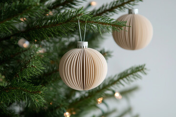 Poster - Stylish modern design Christmas baubles balls neutral color beige tones hanging on tree branches close up detail. 