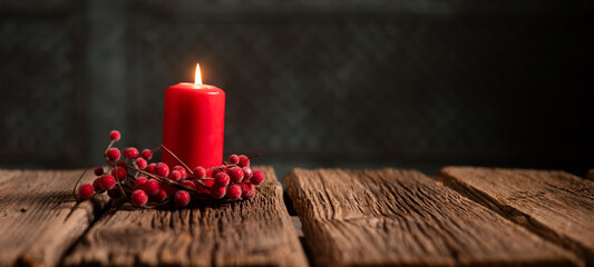 Wall Mural -  red Christmas Candle on rustic wood