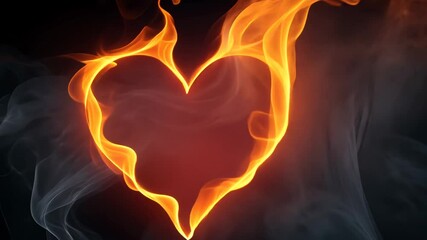 Poster - Fiery heart shape with swirling smoke on dark background, passion and love concept