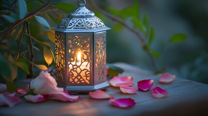 Wall Mural - Illuminated Lantern Amidst Rose Petals and Leaves