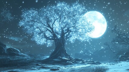 Wall Mural - Glowing tree under full moon in snowy landscape.