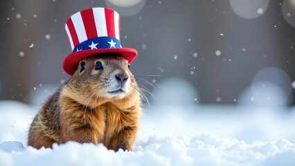 Wall Mural - A cute groundhog wearing a patriotic top hat sits in the snow, with snowflakes gently falling around it, creating a festive Groundhog Day scene. Concept of a patriotic Groundhog Day.