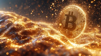 Fototapete - Translucent layers and soft lighting give Bitcoin symbol mystical quality. Subtle sparkles and light trails enhance ethereal atmosphere creating dreamy effect.