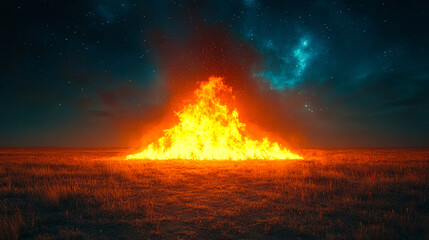 Wall Mural - a large fire is burning in a field of dry grass. the sky is dark and the stars are visible. scene is