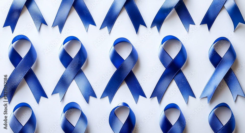 A collection of blue ribbons are arranged in a row on a white ...