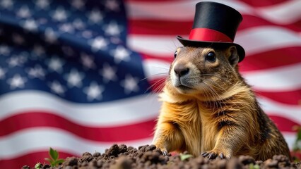 Wall Mural - A groundhog wearing a top hat sits in front of a blurred American flag, creating a patriotic and whimsical Groundhog Day image. Concept of a patriotic Groundhog Day celebration.