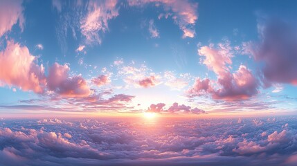 Aufkleber - Experience the enchanting beauty of a sky painted in vivid blue and pink tones, where the sun gently sets over a soft blanket of clouds, creating a serene atmosphere and captivating view