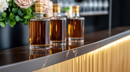 Canvas Print - Sophisticated home bar featuring chocolate brown shelves, graphite accents, and golden bottles for a luxurious atmosphere