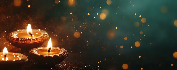 Wall Mural - festive background with illuminated diyas and golden sparkles on a dark gradient, traditional diwali
