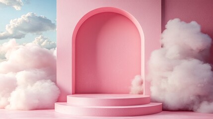Poster - A whimsical pink podium rises against a backdrop adorned with fluffy clouds, inviting creativity and inspiration. This enchanting setting evokes a sense of wonder and possibility
