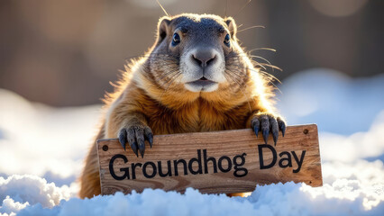 Wall Mural - A groundhog holds a wooden sign reading 