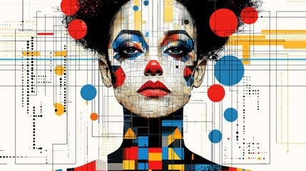 Aufkleber - clown designed geometric shapes showcases vibrant color palette clean white background. composition balances bold contrasts structured lines ideal art projects.