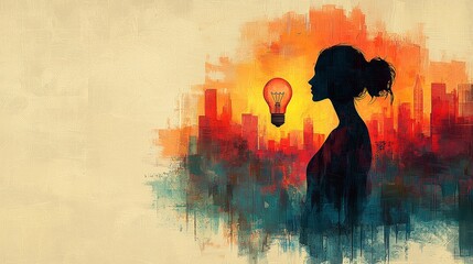 Aufkleber - geometric illustration depicts female figure light bulb head. design features vibrant color palette emphasizing innovation and modernity clean backdrop.