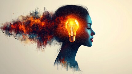Fototapete - Silhouette woman creatively transformed geometric shapes light bulb colors like teal orange and purple. art piece embodies structured innovation.