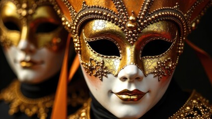 Close-up of two elegant, ornate gold Venetian masks, one in sharp focus, the other blurred in the background. Concept of Mardi Gras celebration.