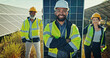 © peopleimages.com - Happy people, portrait and engineer with team for solar panel, renewable energy or photovoltaic system in nature. Group, technician or contractors with smile for alternative power or PV development