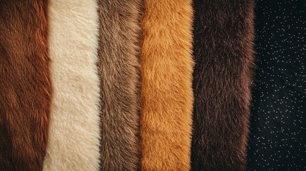 a variety of raw fur materials featuring natural patterns and textures, neatly arranged to emphasize