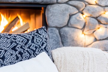 Wall Mural - Cozy winter evening by a rustic fireplace with dark brown logs and gray stone walls, enhanced by beige cushions and warm lighting