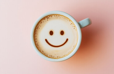 Delightful coffee cup with a smiling face design on creamy froth against a soft pink background