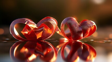 Wall Mural - Red ribbon hearts reflecting in water