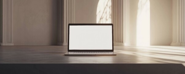 Wall Mural - laptop with blank screen in minimalist room, product mockup, clean digital presentation