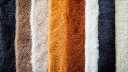 a collection of raw fur swatches arranged to highlight their natural textures, animal hide patterns,
