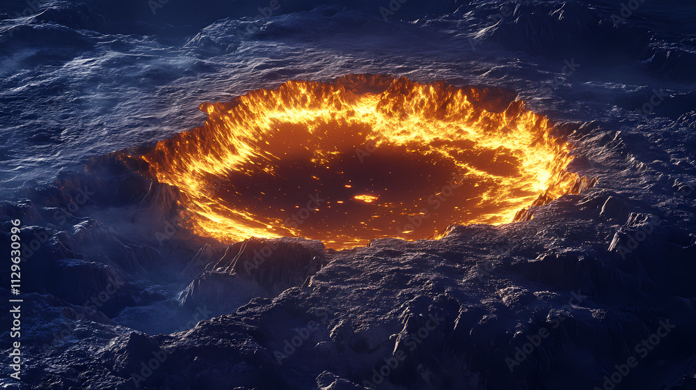 A giant flaming impact crater on planet earth. viewed from space. the ...