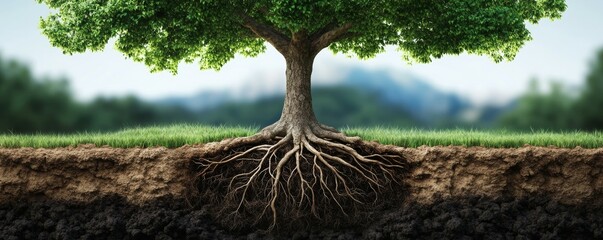 Majestic tree clipart ecological cross-section illustration, root system, environmental educational design