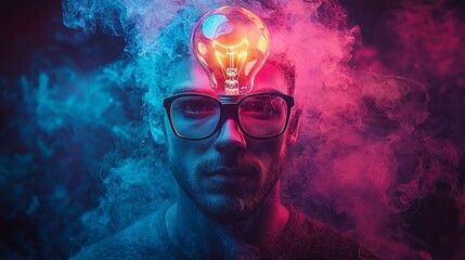 Poster - man glowing neon light bulb head embodies creativity and innovation. vibrant colors illuminate his m