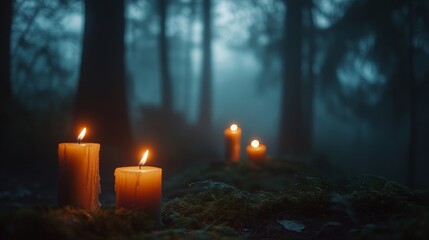 lit candles in the middle of a foggy night forest