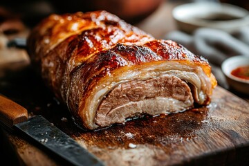 Wall Mural - Half a roasted porchetta on a cutting board