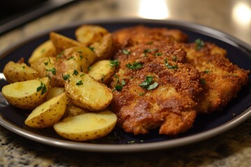 Wall Mural - Homemade breaded German schnitzel served with potatoes