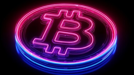 Poster - Neon wireframe design showcases Bitcoin symbol electric blue and bright pink hues creating modern aesthetic black backdrop. glowing lines emphasize structure and form.