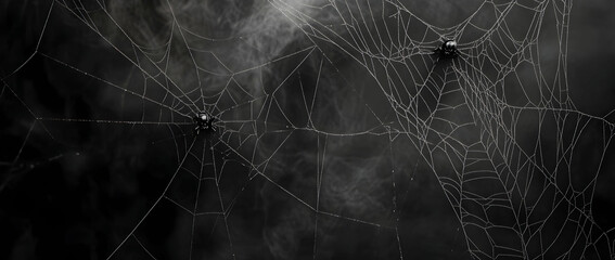 Eerie black spider web silhouettes, perfect for a Halloween banner or spooky celebration panorama, AI Generated